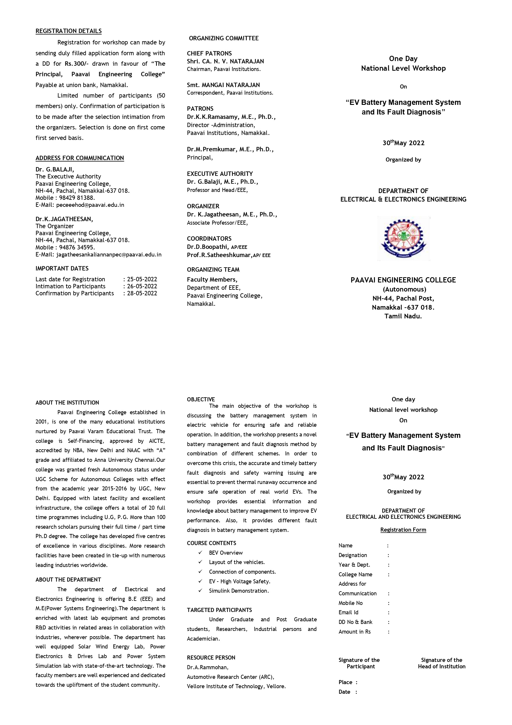 One Day National Level Workshop on EV Battery Management System and Its Fault Diagnosis 2022